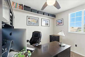 Office area with a ceiling fan and carpet floors