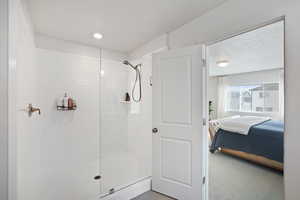 Ensuite bathroom with a walk in shower and light carpet