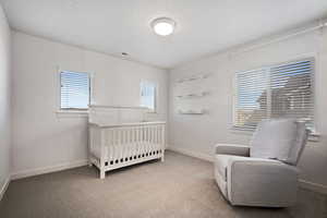 Carpeted bedroom featuring a nursery area and baseboards