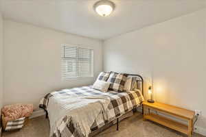 Carpeted bedroom featuring baseboards