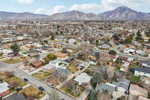 Aerial perspective of suburban area featuring mountains
