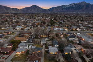 Aerial view of residential area with mountains