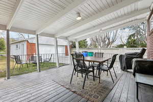 Deck with grilling area, outdoor dining space, and a fenced backyard