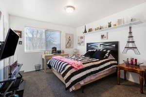 Bedroom featuring dark colored carpet and baseboards