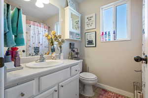 Bathroom with a shower with curtain and vanity