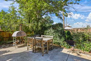Fenced backyard with outdoor dining area and a patio area