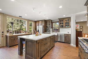 Kitchen featuring glass-fronted cabinets, a kitchen bar, wood-style tile floors, stainless steel appliances, and a center island