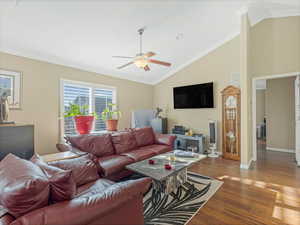Living room featuring crown molding, lofted ceiling, wood finished floors, and ceiling fan