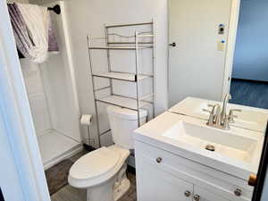 Bathroom featuring vanity, a shower stall, and dark wood-style floors
