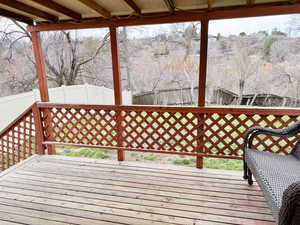Wooden deck with a fenced backyard