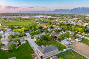 Aerial view of neighborhood at dusk