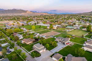 Aerial view of neighborhood at dusk