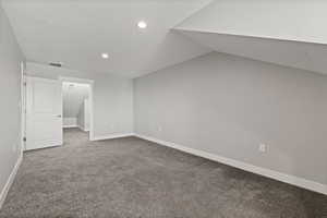 ADU bonus room with carpet flooring, and two-tone paint, perfect for storage, office, or gym space