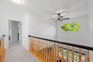 Catwalk style hallway with views of foyer and living room, featuring plush carpet and natural light