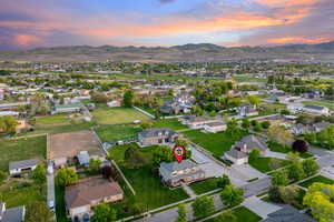 Aerial view of neighborhood at dusk