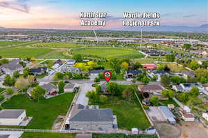 Aerial view of neighborhood at dusk