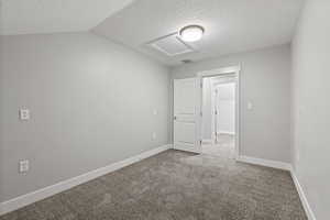 ADU bonus room with carpet flooring, and two-tone paint, perfect for storage, office, or gym space