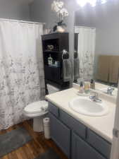 Full bathroom featuring vanity, a shower with curtain, and dark wood finished floors