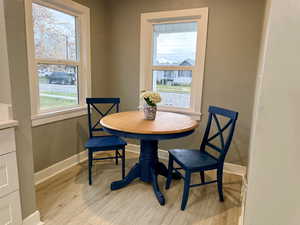 Dining room featuring light wood-type flooring and baseboards