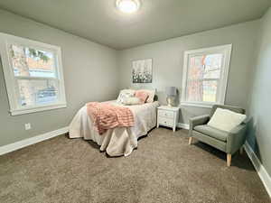 Bedroom with carpet flooring and baseboards