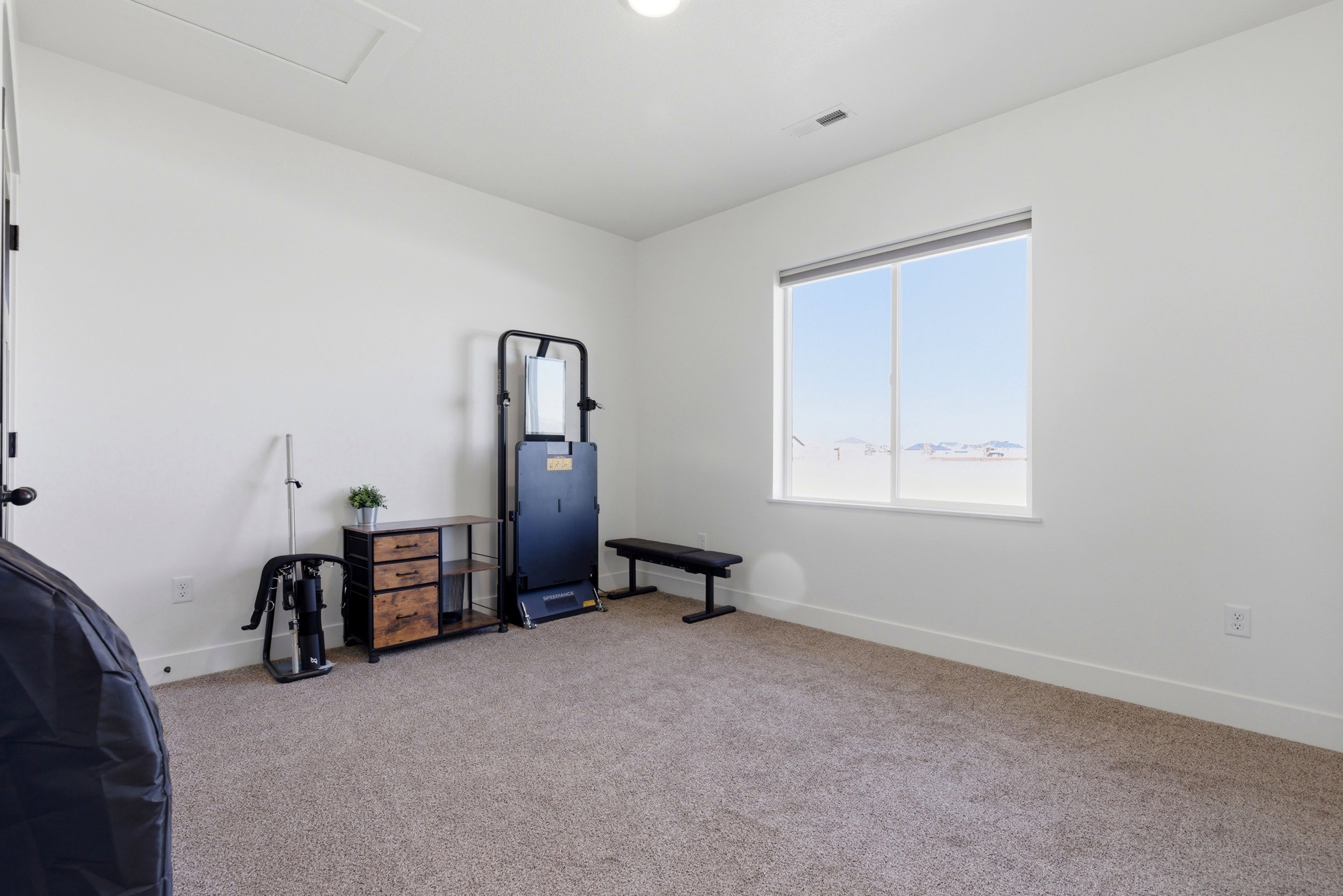 Miscellaneous room with light colored carpet and baseboards