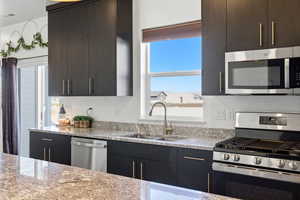Kitchen featuring stainless steel appliances, light stone counters, and dark wood finish cabinetry