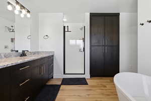 Full bath featuring a shower stall, vanity, light wood-style flooring, and a freestanding bath