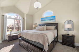 Bedroom featuring carpet and lofted ceiling