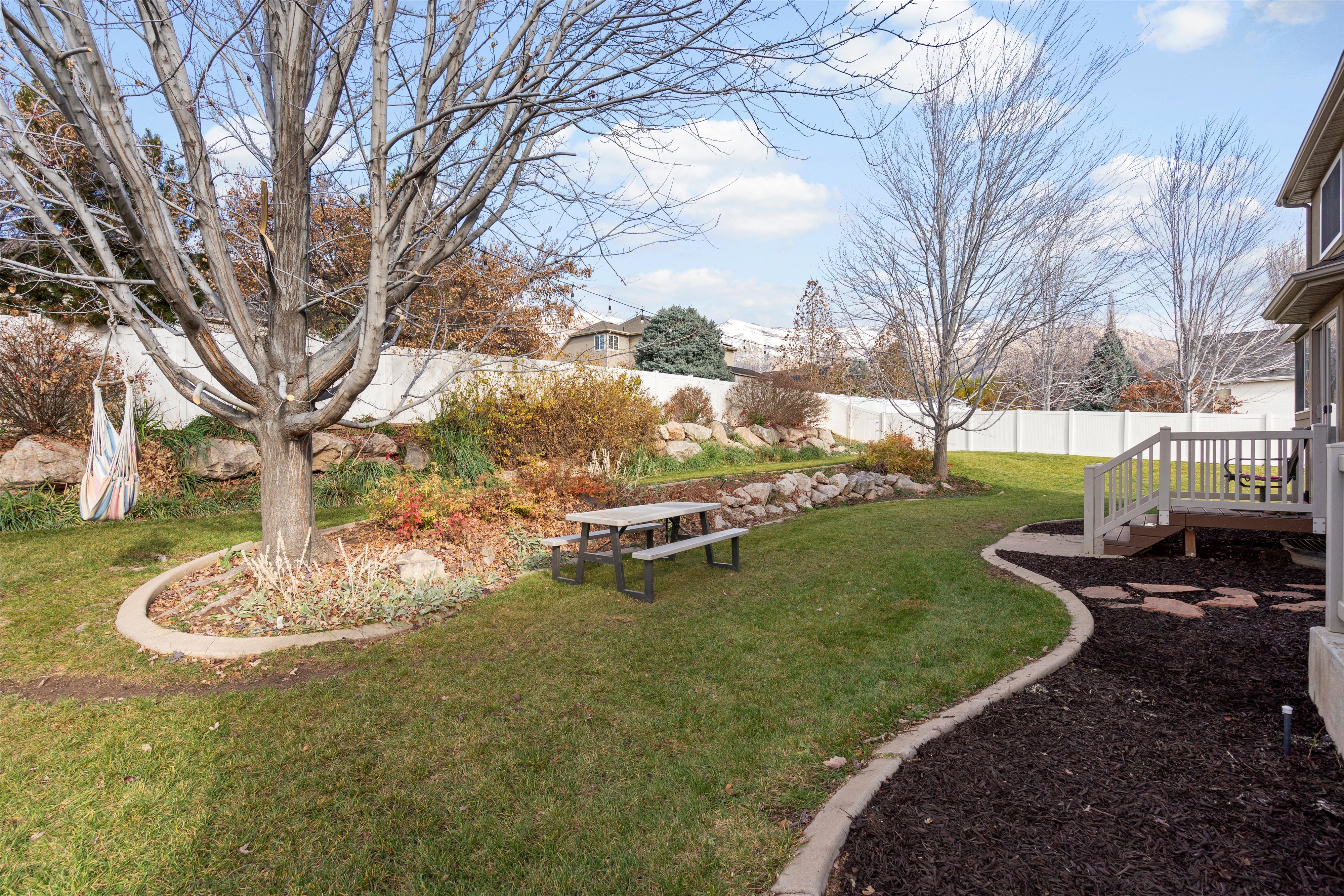 Fenced backyard with a wooden deck
