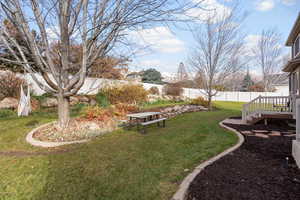 Fenced backyard with a wooden deck