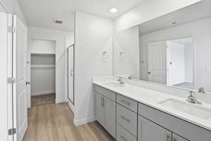 Full bathroom featuring double vanity, a stall shower, light wood-style floors, and a walk in closet