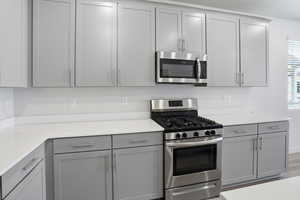 Kitchen with gray cabinets and stainless steel appliances