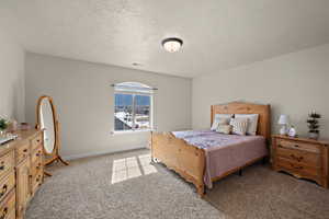 Bedroom featuring a textured ceiling and light carpet