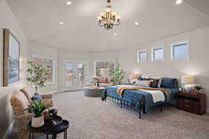 Bedroom featuring french doors, light colored carpet, access to exterior, and suspended lighting