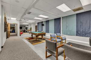 Rec room featuring billiards and a paneled ceiling