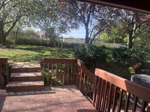 Wooden deck with a fenced backyard