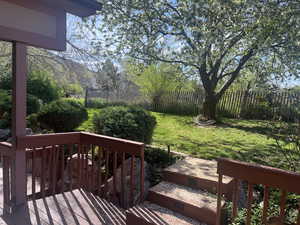 Wooden deck featuring a fenced backyard