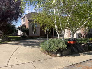 View of property hidden behind natural elements with brick siding, roof with shingles, and concrete driveway