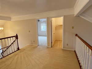 Hallway featuring an upstairs landing, light carpet, suspended lighting, and ornamental molding