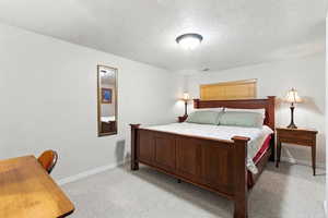 Bedroom with a textured ceiling and light carpet