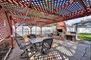Fenced backyard featuring an outdoor brick fireplace, outdoor dining area, a patio area, and a pergola