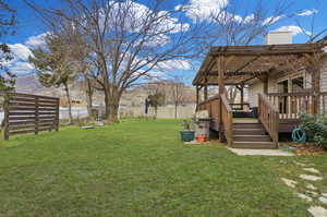 Fenced backyard with a deck with gorgeous mountain views