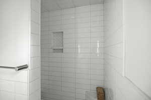 Basement bath with full tile shower, featuring a seat and built in storage shelf