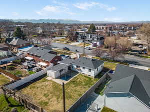 Aerial view of residential area with a mountain backdrop