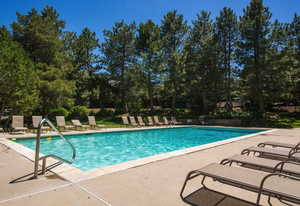 Community pool featuring a patio area and view of wooded area