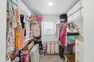 Walk in closet with light colored carpet