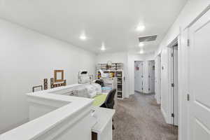 Hall featuring light carpet and baseboards