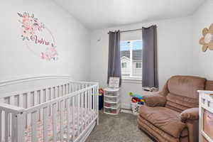 Bedroom featuring a crib and carpet flooring