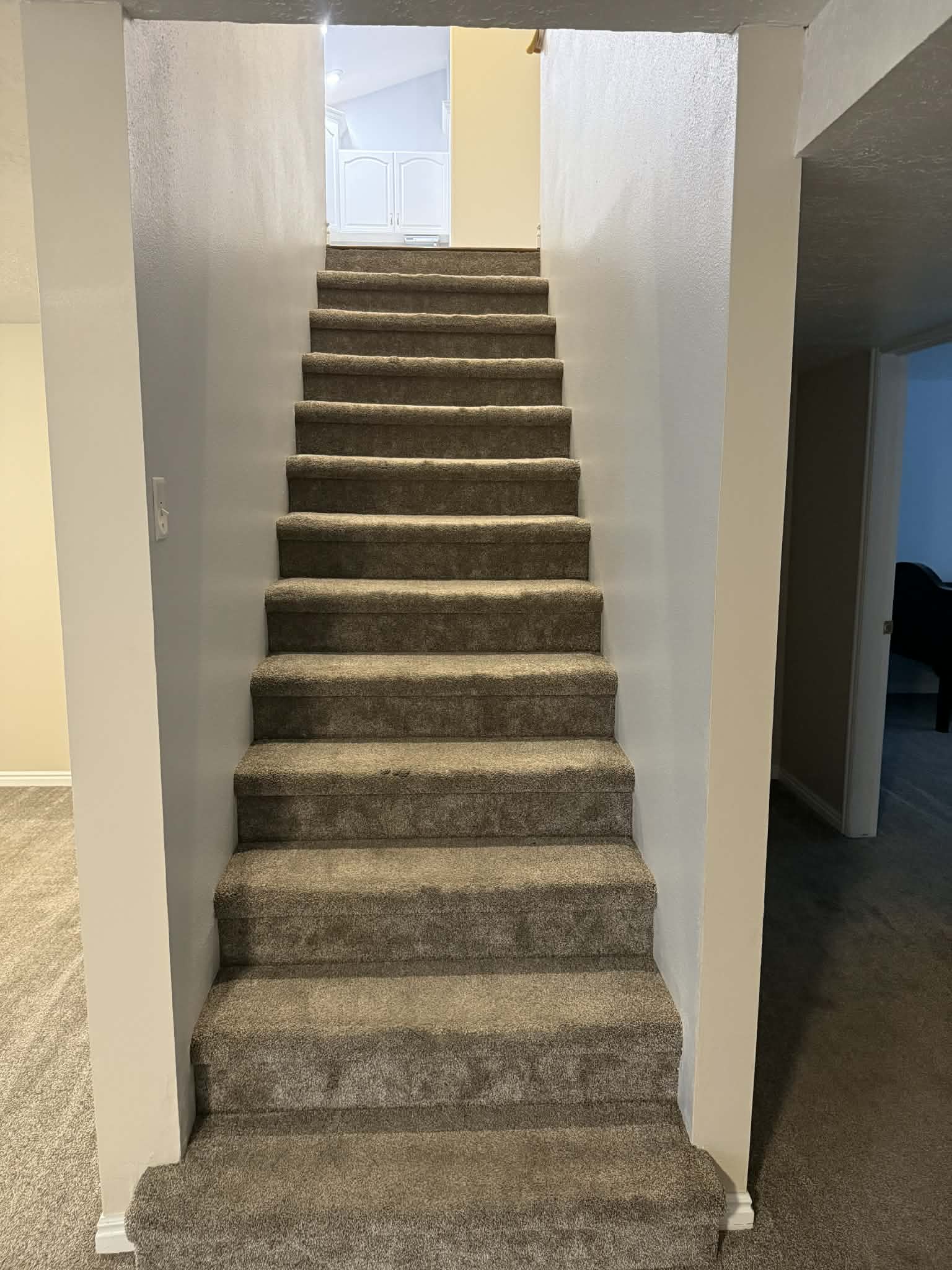 Stairway featuring carpet and baseboards