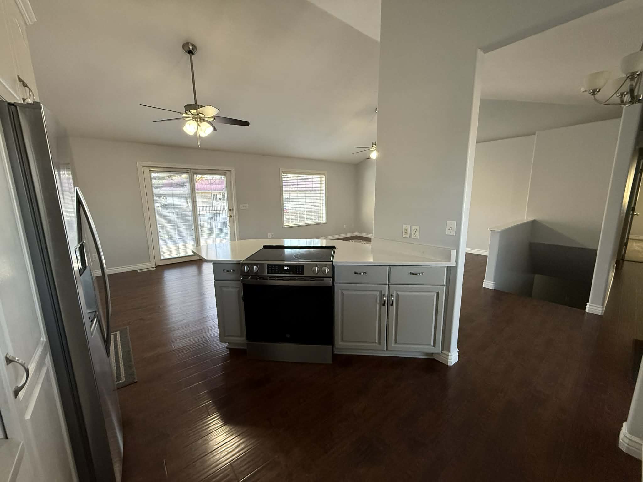 Kitchen with vaulted ceiling, stainless steel appliances, dark wood-style flooring, a peninsula, and white cabinetry